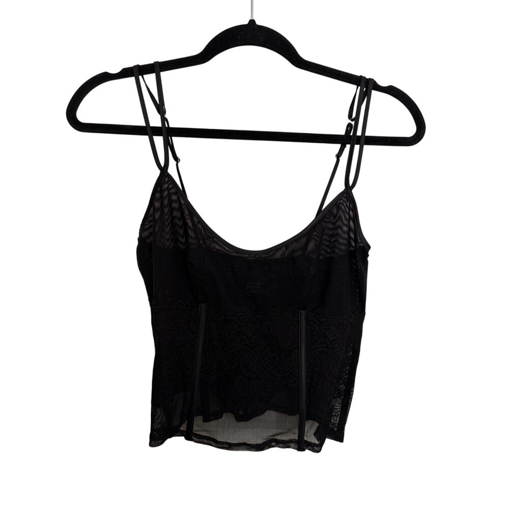 Frederick's of Hollywood Bustier Cami Top Womens Medium Black Mesh Sheer Boned